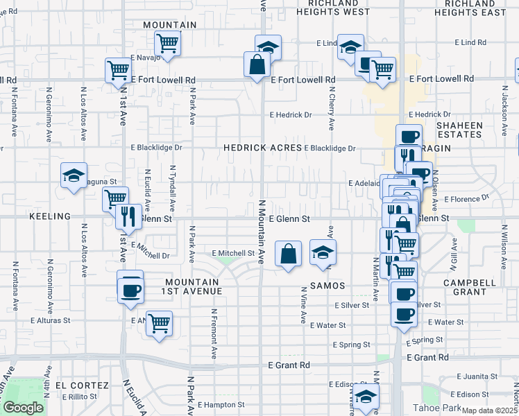 map of restaurants, bars, coffee shops, grocery stores, and more near in Tucson