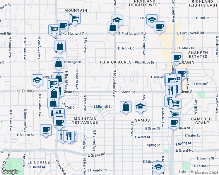 map of restaurants, bars, coffee shops, grocery stores, and more near 1132 East Glenn Street in Tucson
