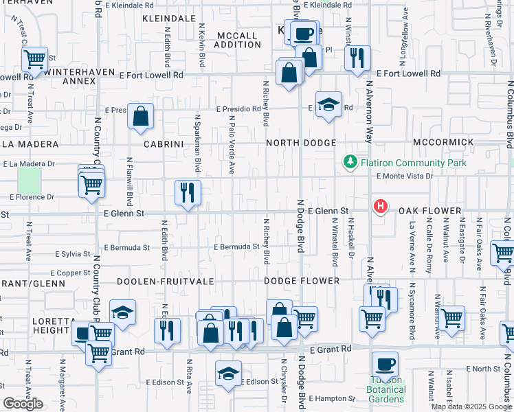 map of restaurants, bars, coffee shops, grocery stores, and more near 3526 East Glenn Street in Tucson
