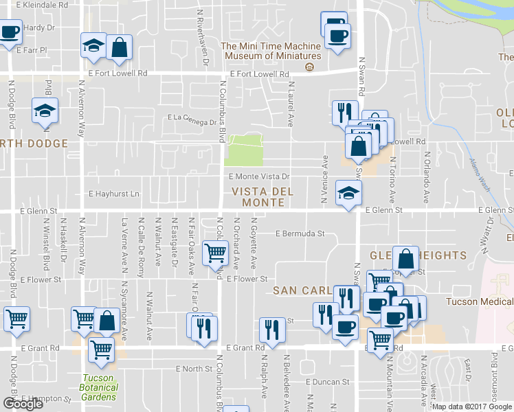 map of restaurants, bars, coffee shops, grocery stores, and more near 4361 East Glenn Street in Tucson