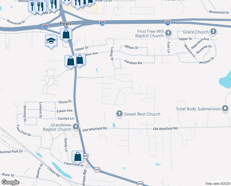 map of restaurants, bars, coffee shops, grocery stores, and more near 411 Poplar Boulevard in Pearl