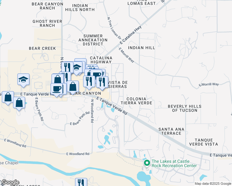 map of restaurants, bars, coffee shops, grocery stores, and more near 9225 East Tanque Verde Road in Tucson