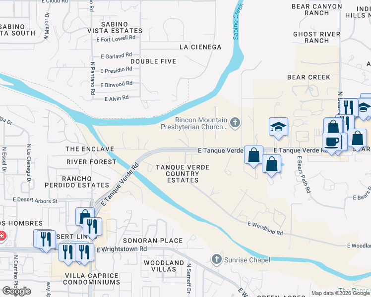 map of restaurants, bars, coffee shops, grocery stores, and more near E Tanque Verde Rd & E Woodland Rd in Tucson