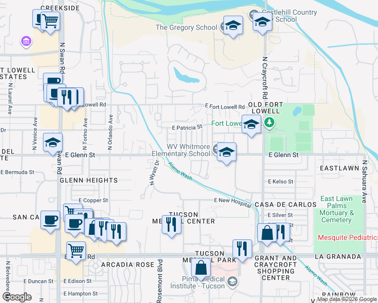 map of restaurants, bars, coffee shops, grocery stores, and more near 2729 North Magnolia Avenue in Tucson