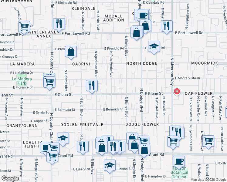 map of restaurants, bars, coffee shops, grocery stores, and more near 3526 East Glenn Street in Tucson
