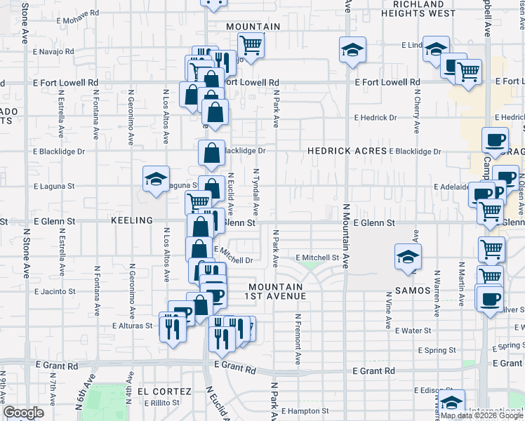 map of restaurants, bars, coffee shops, grocery stores, and more near 892 East Glenn Street in Tucson