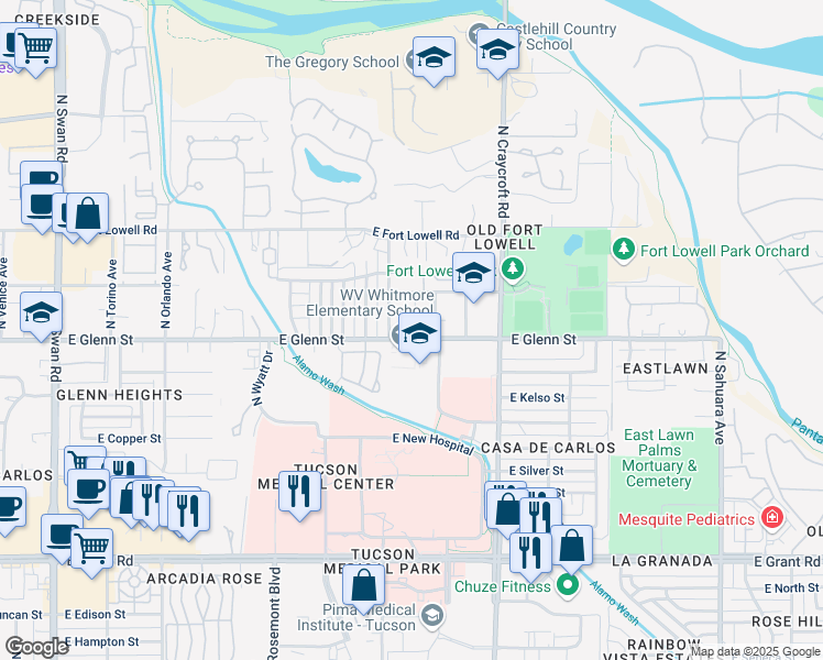 map of restaurants, bars, coffee shops, grocery stores, and more near 5330 East Glenn Street in Tucson