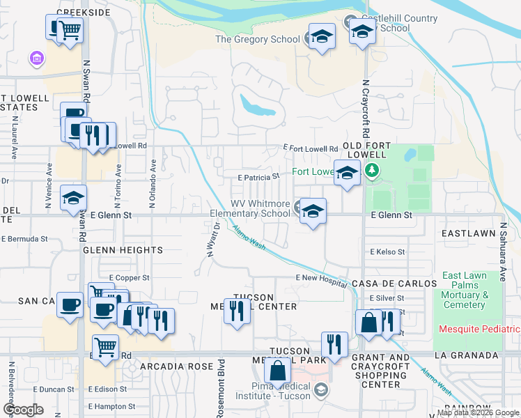 map of restaurants, bars, coffee shops, grocery stores, and more near 2729 North Magnolia Avenue in Tucson