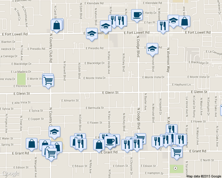 map of restaurants, bars, coffee shops, grocery stores, and more near 3526 East Glenn Street in Tucson