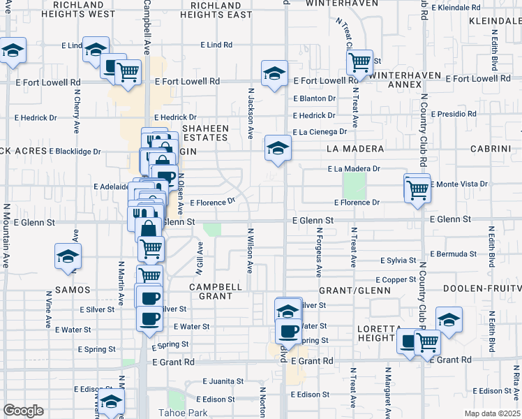 map of restaurants, bars, coffee shops, grocery stores, and more near 2302 East Glenn Street in Tucson