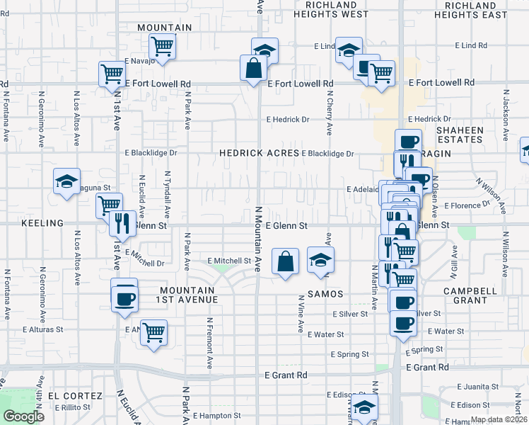 map of restaurants, bars, coffee shops, grocery stores, and more near in Tucson