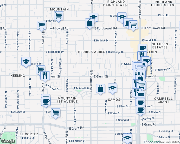 map of restaurants, bars, coffee shops, grocery stores, and more near in Tucson