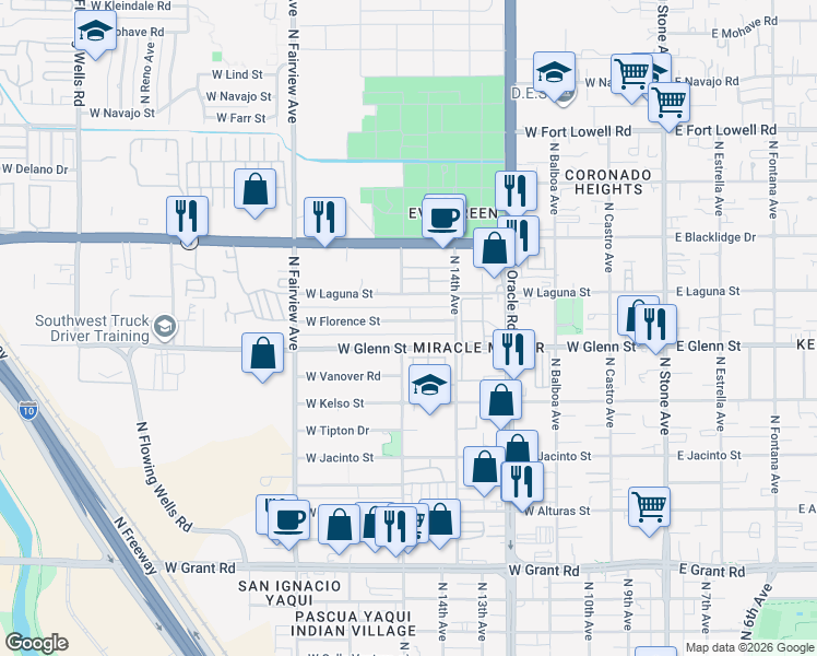 map of restaurants, bars, coffee shops, grocery stores, and more near 660 West Glenn Street in Tucson