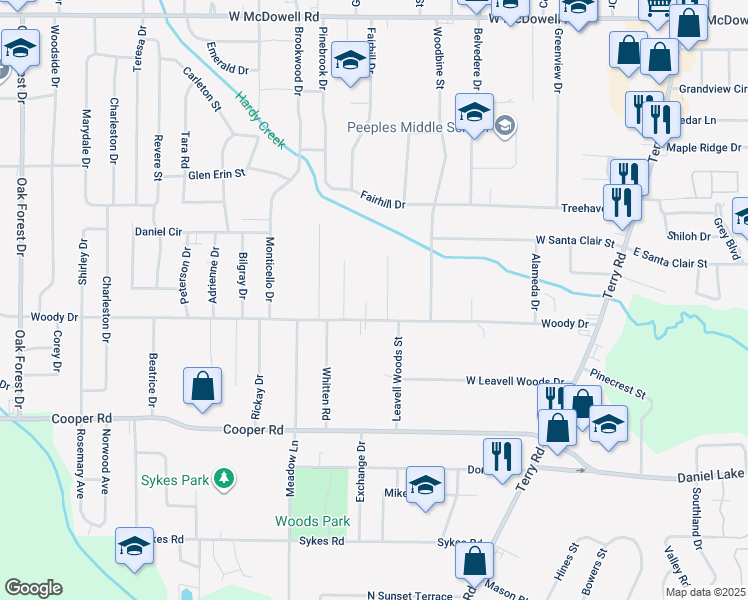 map of restaurants, bars, coffee shops, grocery stores, and more near 390 Woody Drive in Jackson