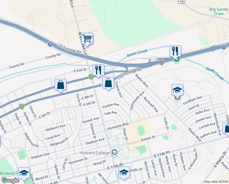 map of restaurants, bars, coffee shops, grocery stores, and more near 501 Birdwell Lane in Big Spring