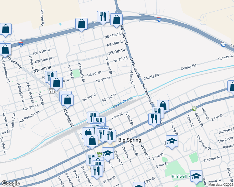 map of restaurants, bars, coffee shops, grocery stores, and more near 200 North Goliad Street in Big Spring