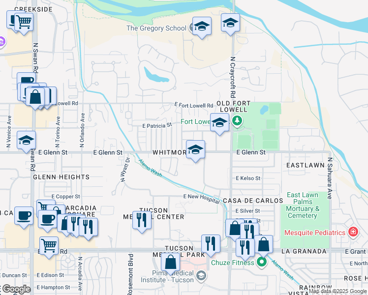 map of restaurants, bars, coffee shops, grocery stores, and more near 2851 North Beverly Avenue in Tucson