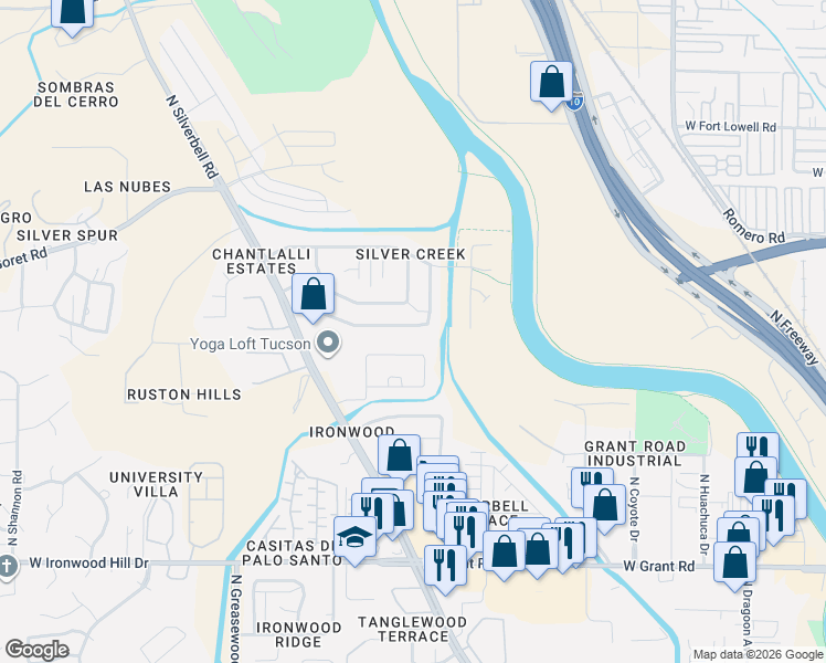 map of restaurants, bars, coffee shops, grocery stores, and more near 2872 Bronze Creek Way in Tucson