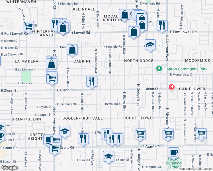map of restaurants, bars, coffee shops, grocery stores, and more near 3438 East Monte Vista Drive in Tucson
