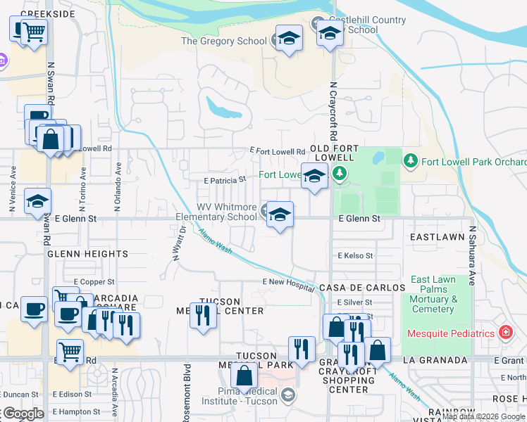 map of restaurants, bars, coffee shops, grocery stores, and more near 2851 North Beverly Avenue in Tucson