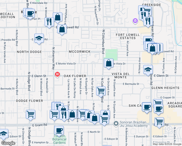 map of restaurants, bars, coffee shops, grocery stores, and more near 4242 East Monte Vista Drive in Tucson
