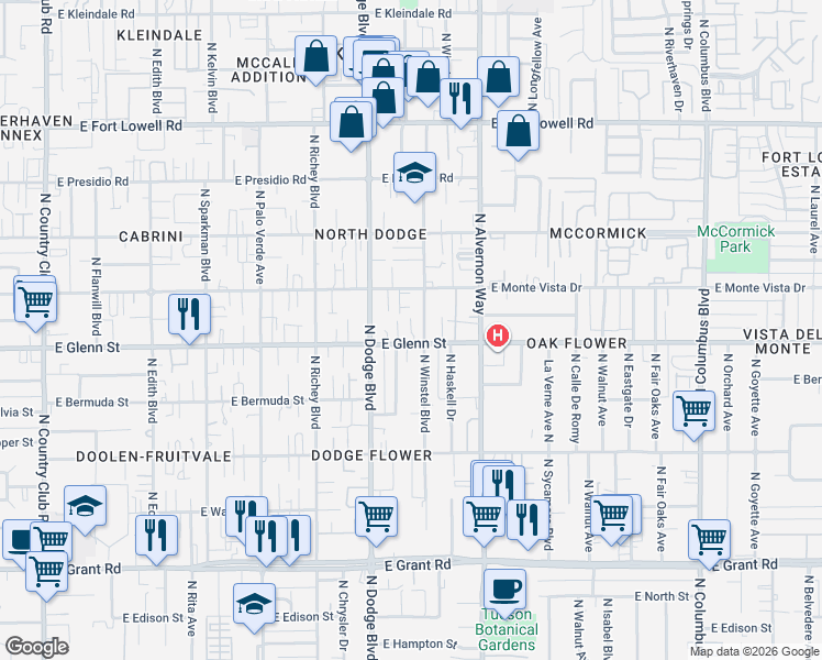 map of restaurants, bars, coffee shops, grocery stores, and more near 3744 East Monte Vista Drive in Tucson