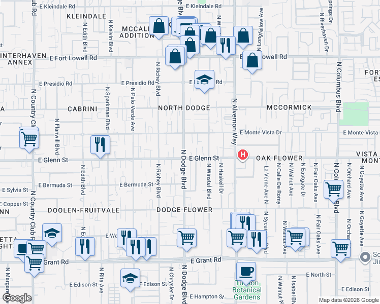 map of restaurants, bars, coffee shops, grocery stores, and more near 3744 East Monte Vista Drive in Tucson