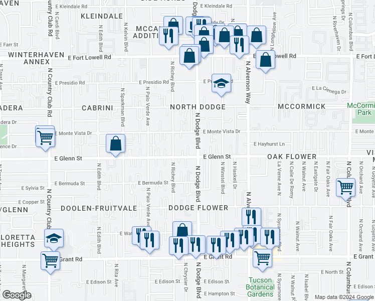 map of restaurants, bars, coffee shops, grocery stores, and more near 2845 North Dodge Boulevard in Tucson