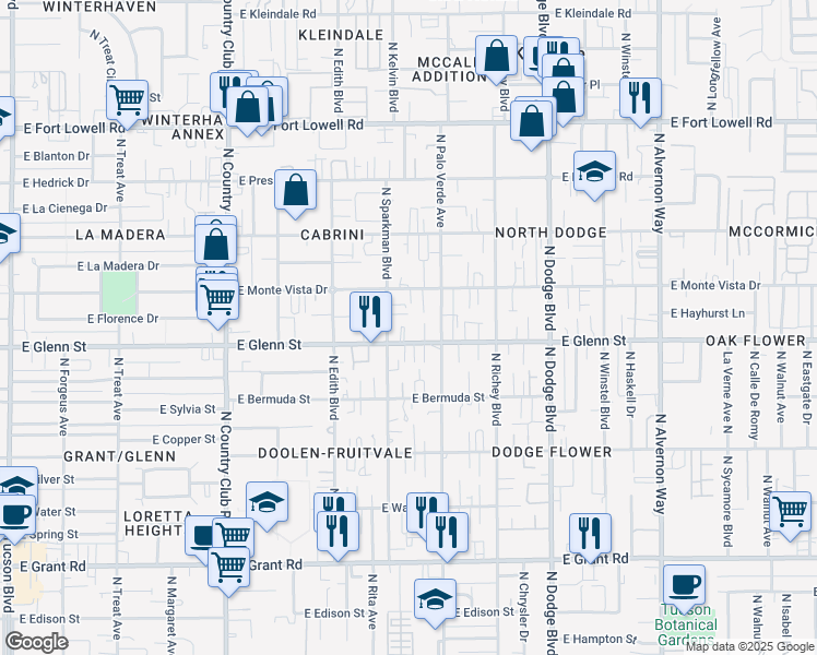 map of restaurants, bars, coffee shops, grocery stores, and more near 3438 East Monte Vista Drive in Tucson