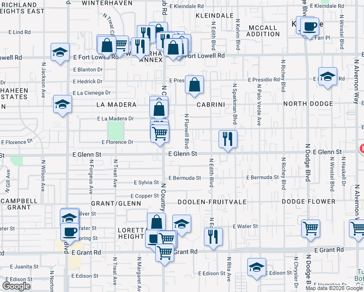 map of restaurants, bars, coffee shops, grocery stores, and more near 2867 North Flanwill Boulevard in Tucson