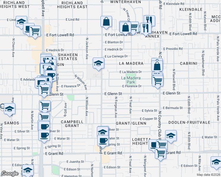 map of restaurants, bars, coffee shops, grocery stores, and more near 2840 North Forgeus Avenue in Tucson