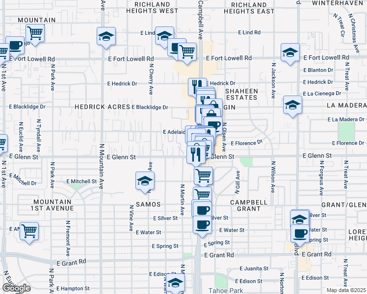 map of restaurants, bars, coffee shops, grocery stores, and more near 1746 East Adelaide Drive in Tucson