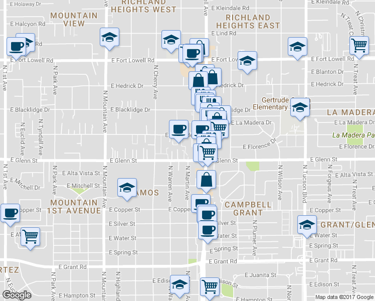map of restaurants, bars, coffee shops, grocery stores, and more near 1746 East Adelaide Drive in Tucson