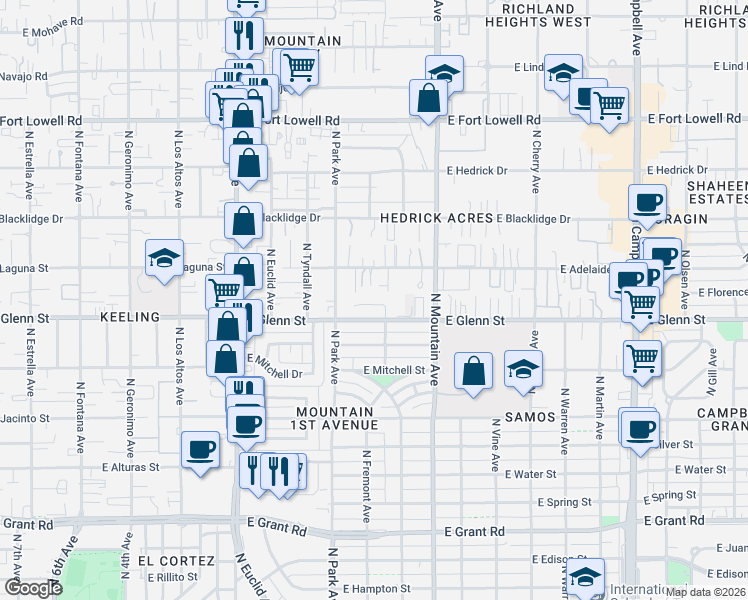 map of restaurants, bars, coffee shops, grocery stores, and more near 2831 North Adelaide Place in Tucson