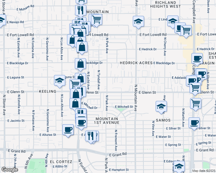 map of restaurants, bars, coffee shops, grocery stores, and more near 2890 North Park Avenue in Tucson