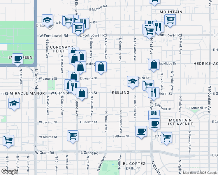map of restaurants, bars, coffee shops, grocery stores, and more near 330 East Laguna Street in Tucson