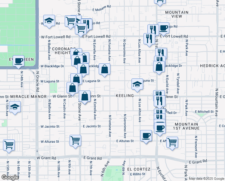 map of restaurants, bars, coffee shops, grocery stores, and more near 330 East Laguna Street in Tucson