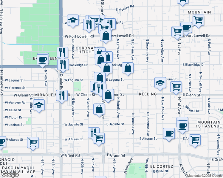 map of restaurants, bars, coffee shops, grocery stores, and more near 2854 North Stone Avenue in Tucson