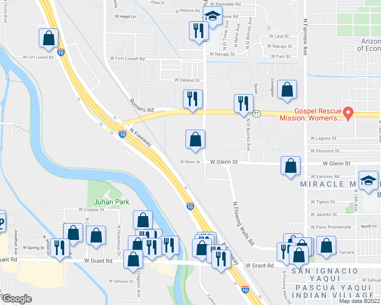 map of restaurants, bars, coffee shops, grocery stores, and more near 2871 North Flowing Wells Road in Tucson