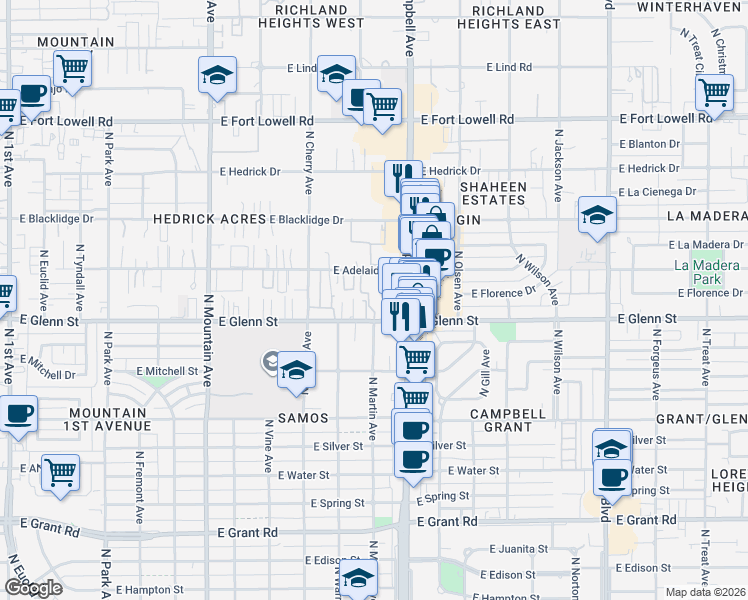 map of restaurants, bars, coffee shops, grocery stores, and more near 1746 East Adelaide Drive in Tucson