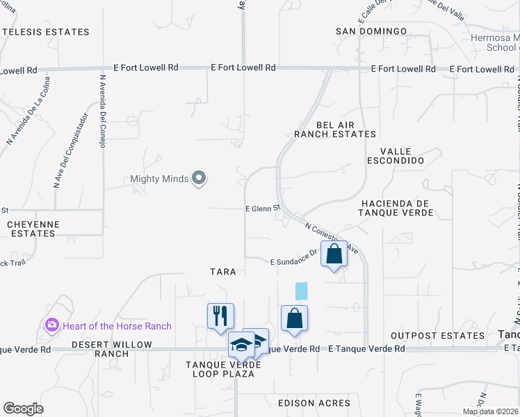 map of restaurants, bars, coffee shops, grocery stores, and more near 13839 East Glenn Street in Tucson