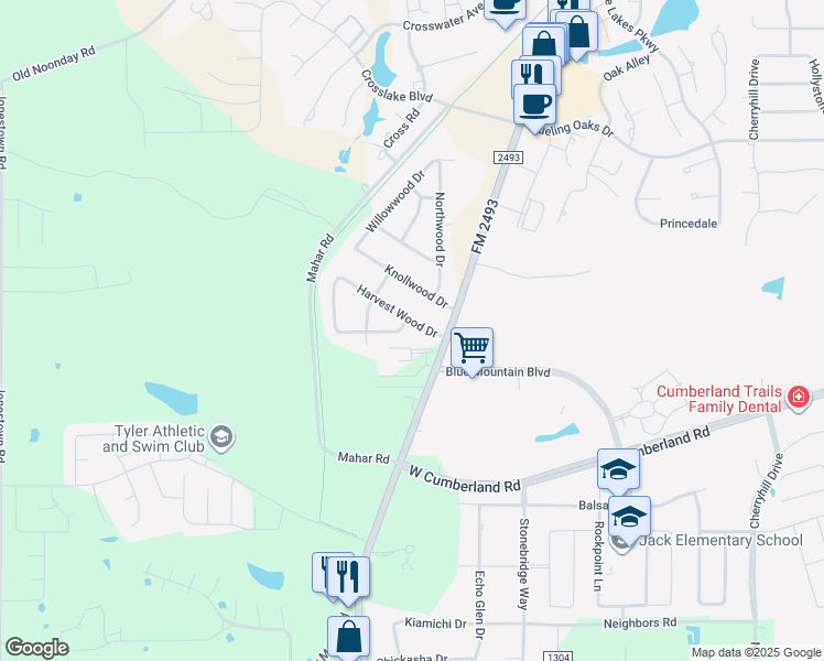map of restaurants, bars, coffee shops, grocery stores, and more near 10850 Harvest Wood Drive in Tyler