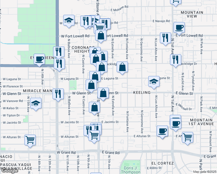map of restaurants, bars, coffee shops, grocery stores, and more near 2841 North Estrella Avenue in Tucson