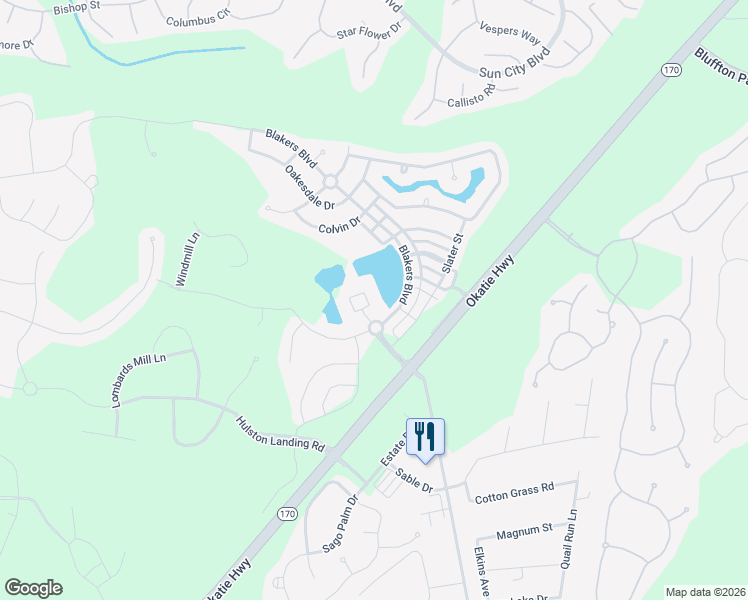 map of restaurants, bars, coffee shops, grocery stores, and more near 218 Argo Circle in Okatie