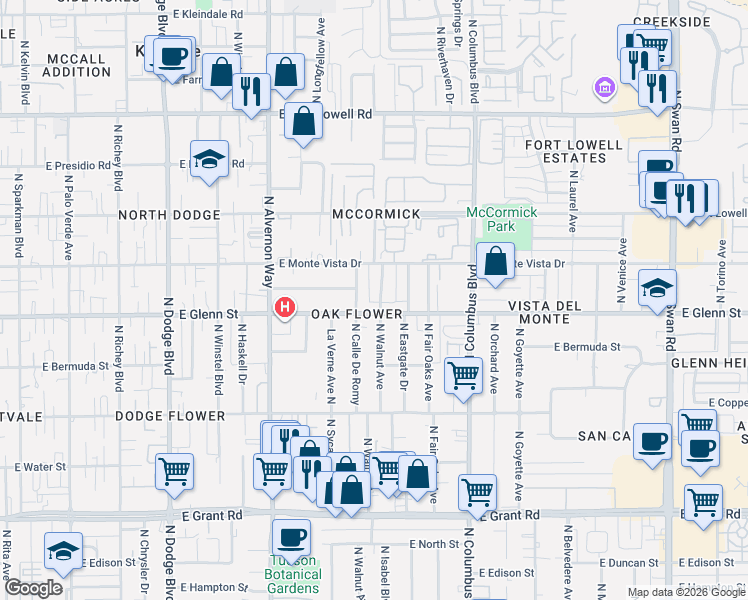 map of restaurants, bars, coffee shops, grocery stores, and more near 2850 North Sycamore Avenue in Tucson