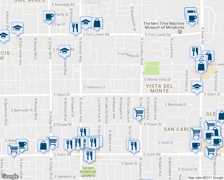 map of restaurants, bars, coffee shops, grocery stores, and more near 2817 North Walnut Avenue in Tucson