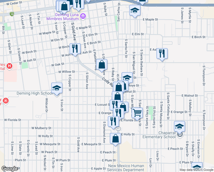 map of restaurants, bars, coffee shops, grocery stores, and more near 1001 South Diamond Avenue in Deming