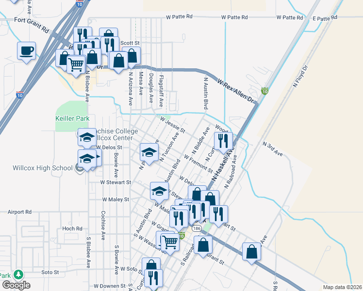 map of restaurants, bars, coffee shops, grocery stores, and more near 572 North Tucson Avenue in Willcox