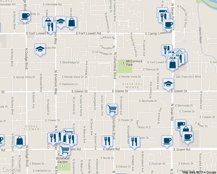 map of restaurants, bars, coffee shops, grocery stores, and more near 4242 East Monte Vista Drive in Tucson