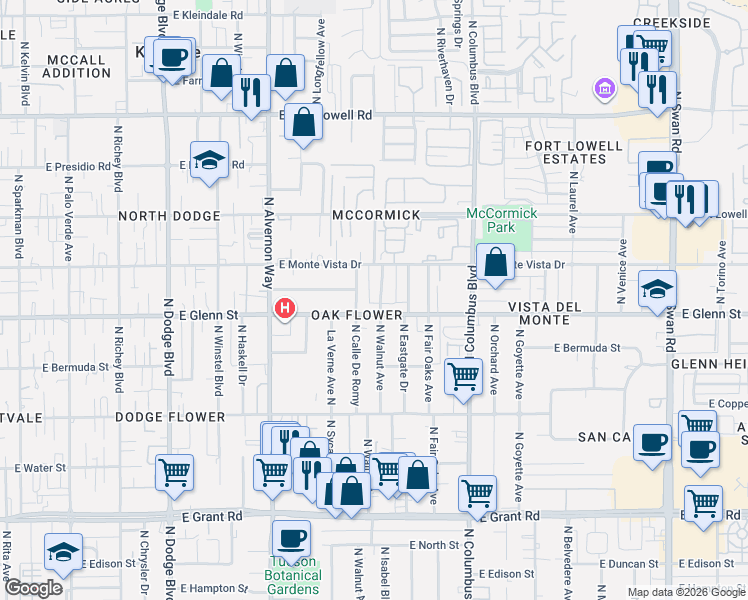 map of restaurants, bars, coffee shops, grocery stores, and more near 2850 North Sycamore Avenue in Tucson